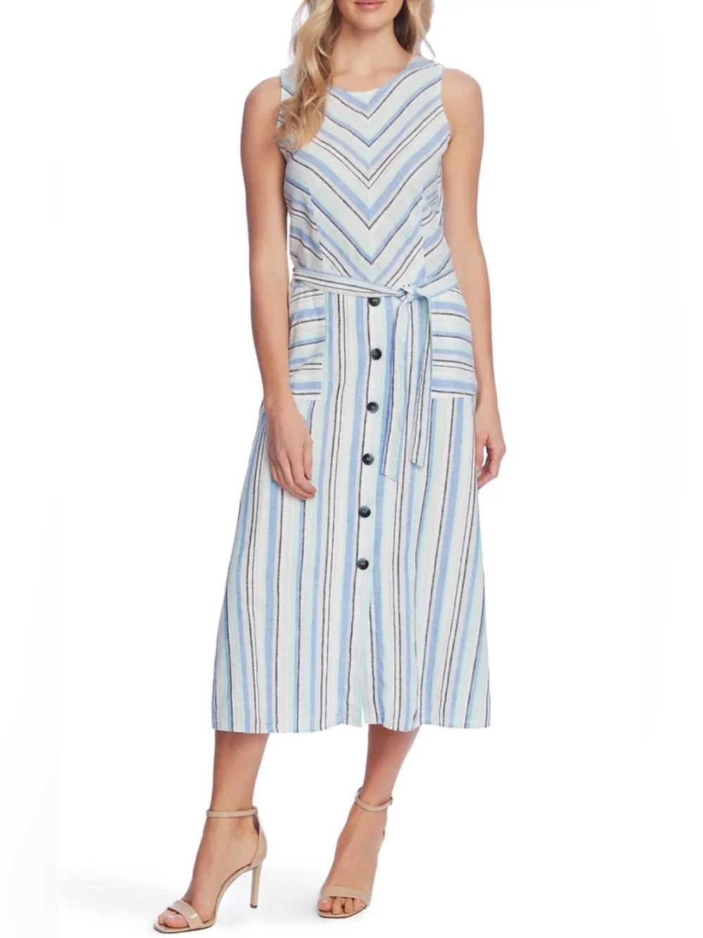 Vince Camuto XL Linen Cotton Stripe Midi Dress Blue Green Sleeveless Tie Waist